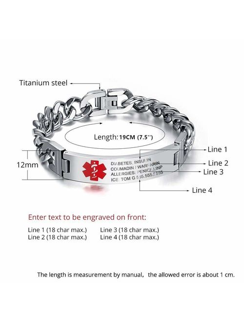 7.5 to 8.5 Inches Free Engrave Emergency Medical Bracelets for Men Women Alert ID Bracelets for Adults Titanium Steel Medical Alert Bracelets for Women