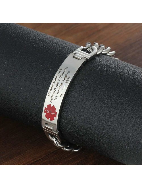 7.5 to 8.5 Inches Free Engrave Emergency Medical Bracelets for Men Women Alert ID Bracelets for Adults Titanium Steel Medical Alert Bracelets for Women