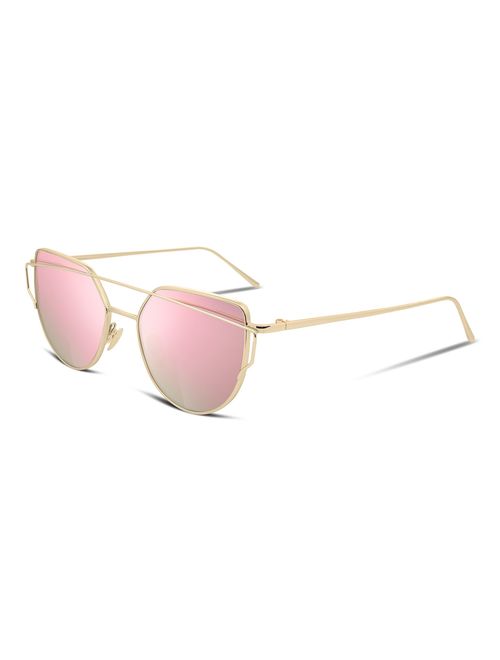 FEISEDY Cat Eye Fashion Metal Frame Mirrored Flat Lenses Women Sunglasses B2206