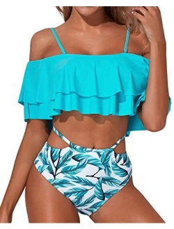 Women Two Piece Swimsuit High Waisted Off Shoulder Ruffled Bikini Set