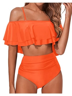 Women Two Piece Swimsuit High Waisted Off Shoulder Ruffled Bikini Set