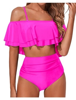 Women Two Piece Swimsuit High Waisted Off Shoulder Ruffled Bikini Set