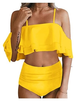 Women Two Piece Swimsuit High Waisted Off Shoulder Ruffled Bikini Set