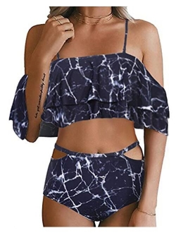 Women Two Piece Swimsuit High Waisted Off Shoulder Ruffled Bikini Set