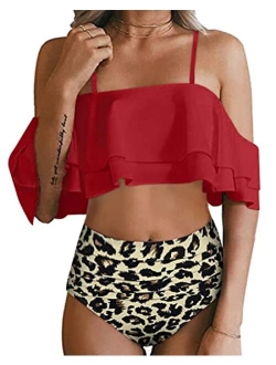 Women Two Piece Swimsuit High Waisted Off Shoulder Ruffled Bikini Set