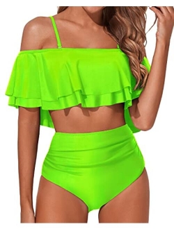 Women Two Piece Swimsuit High Waisted Off Shoulder Ruffled Bikini Set