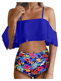 Women Two Piece Swimsuit High Waisted Off Shoulder Ruffled Bikini Set