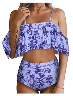 Women Two Piece Swimsuit High Waisted Off Shoulder Ruffled Bikini Set