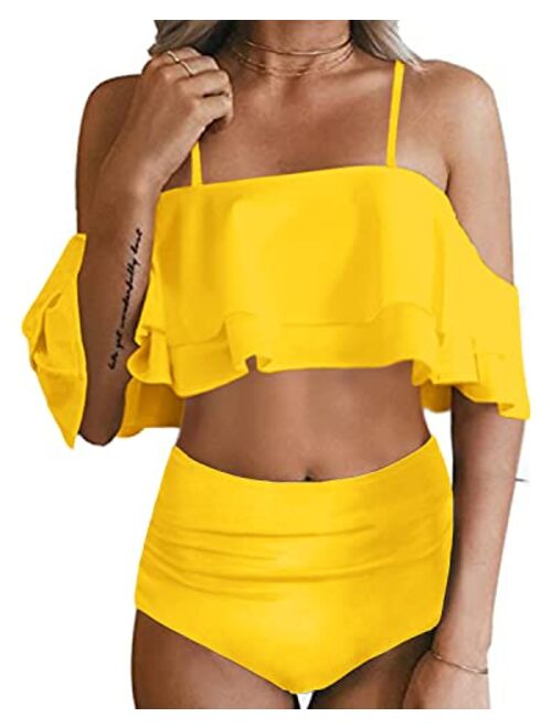 Tempt Me Women Two Piece Swimsuit High Waisted Off Shoulder Ruffled Bikini Set