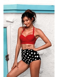 Women Vintage Polka Dot High Waisted Bathing Suits Bikini Set