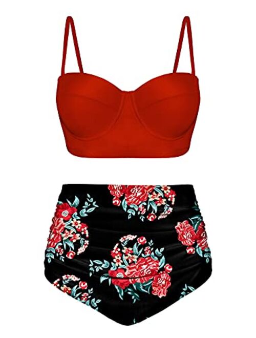 Angerella Women Vintage Polka Dot High Waisted Bathing Suits Bikini Set