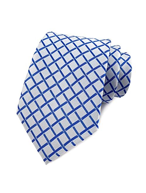 Men's Classic Checks Light Blue Jacquard Woven Silk Tie Necktie + Gift Box