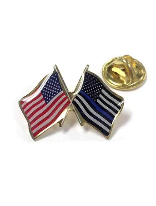 Thin Blue Crossed with American Flag Lapel Pin, Made in USA