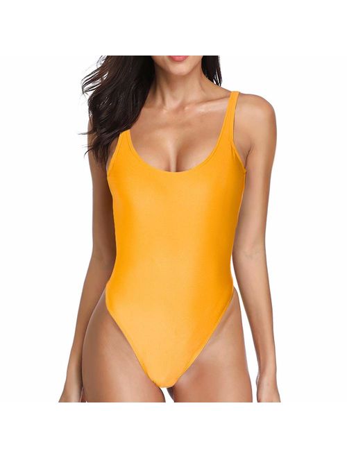 Dixperfect Women's Retro 80s/90s Inspired High Cut Low Back One Piece Swimwear Bathing Suits