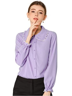 Women's Fall Peter Pan Collar Sweet Blouse Long Sleeves Button Up Ruffled Shirt