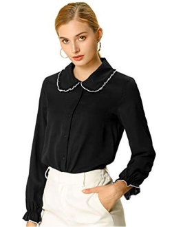 Women's Fall Peter Pan Collar Sweet Blouse Long Sleeves Button Up Ruffled Shirt