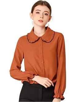 Women's Fall Peter Pan Collar Sweet Blouse Long Sleeves Button Up Ruffled Shirt