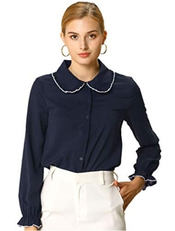 Women's Fall Peter Pan Collar Sweet Blouse Long Sleeves Button Up Ruffled Shirt