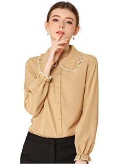 Women's Fall Peter Pan Collar Sweet Blouse Long Sleeves Button Up Ruffled Shirt