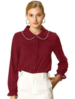 Women's Fall Peter Pan Collar Sweet Blouse Long Sleeves Button Up Ruffled Shirt