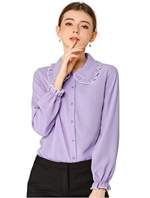 Allegra K Women's Fall Peter Pan Collar Sweet Blouse Long Sleeves Button Up Ruffled Shirt