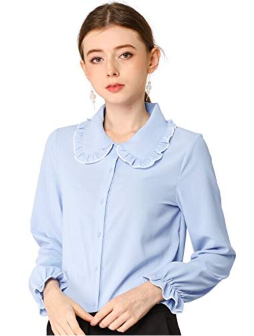 Allegra K Women's Fall Peter Pan Collar Sweet Blouse Long Sleeves Button Up Ruffled Shirt