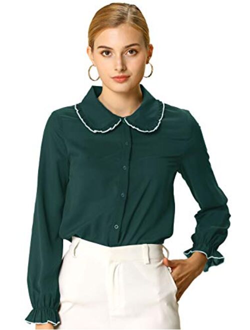 Allegra K Women's Fall Peter Pan Collar Sweet Blouse Long Sleeves Button Up Ruffled Shirt