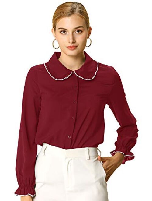 Allegra K Women's Fall Peter Pan Collar Sweet Blouse Long Sleeves Button Up Ruffled Shirt