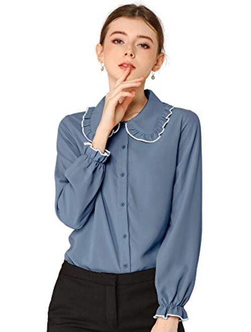 Allegra K Women's Fall Peter Pan Collar Sweet Blouse Long Sleeves Button Up Ruffled Shirt