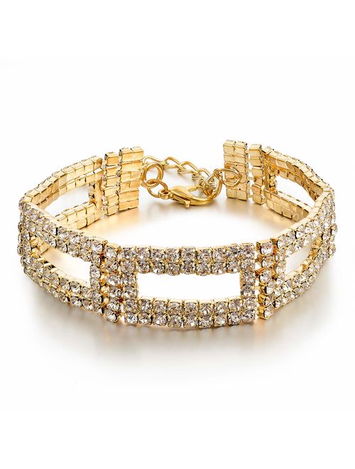 Long Way Women's Silver/Gold Plated Crystal Bracelets 6.7"+2.4"