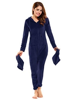 Women's One Piece Pajamas Coral Fleece Onesie Hooded Footed Jumpsuit Pajamas S-XL