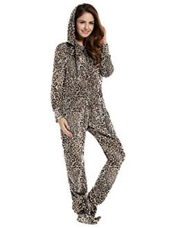 Women's One Piece Pajamas Coral Fleece Onesie Hooded Footed Jumpsuit Pajamas S-XL