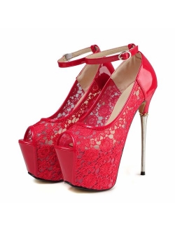 GETMOREBEAUTY Women's Lace Flower Strappy Hollow High Heels