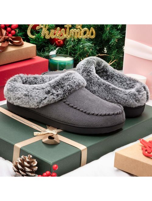 ULTRAIDEAS Women's Comfort Micro Suede Memory Foam Slippers Non Skid House Shoes w/Faux Fur Collar