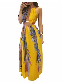 BIUBIU Boho Floral Halter Double Slit Summer Beach Party Split Cover Up Dress S-XL