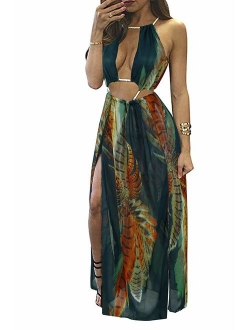 BIUBIU Boho Floral Halter Double Slit Summer Beach Party Split Cover Up Dress S-XL