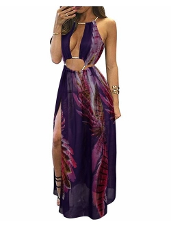 BIUBIU Boho Floral Halter Double Slit Summer Beach Party Split Cover Up Dress S-XL