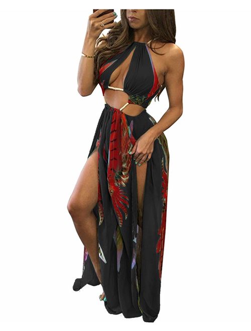 BIUBIU Boho Floral Halter Double Slit Summer Beach Party Split Cover Up Dress S-XL