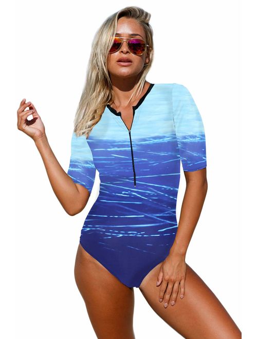 Aleumdr Womens Zip Front Printed Half Sleeve/Long Sleeve One Piece Swimsuit Swimwear S-XXL