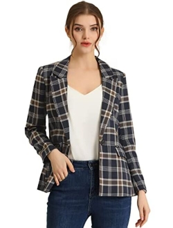 Women's Plaid Notched Lapel One Button Houndstooth Blazer Jacket