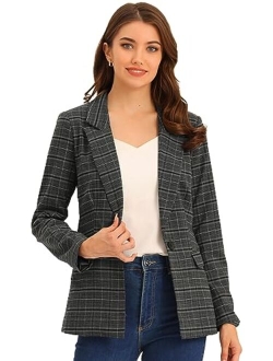 Women's Plaid Notched Lapel One Button Houndstooth Blazer Jacket