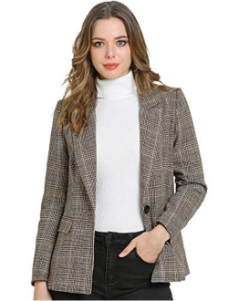 Women's Plaid Notched Lapel One Button Houndstooth Blazer Jacket