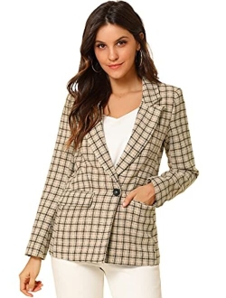 Women's Plaid Notched Lapel One Button Houndstooth Blazer Jacket