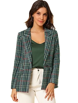 Women's Plaid Notched Lapel One Button Houndstooth Blazer Jacket