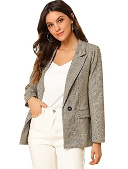 Women's Plaid Notched Lapel One Button Houndstooth Blazer Jacket