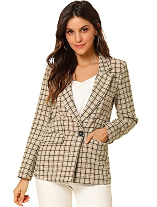 Allegra K Women's Plaid Notched Lapel One Button Houndstooth Blazer Jacket