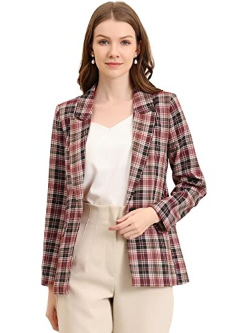 Allegra K Women's Plaid Notched Lapel One Button Houndstooth Blazer Jacket