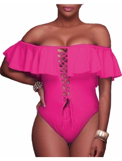 Women's Sexy One Piece Lace Up Ruffled Off Shoulder Flounce Swimsuits