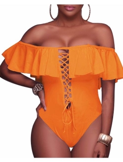 Women's Sexy One Piece Lace Up Ruffled Off Shoulder Flounce Swimsuits