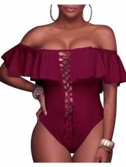 Women's Sexy One Piece Lace Up Ruffled Off Shoulder Flounce Swimsuits